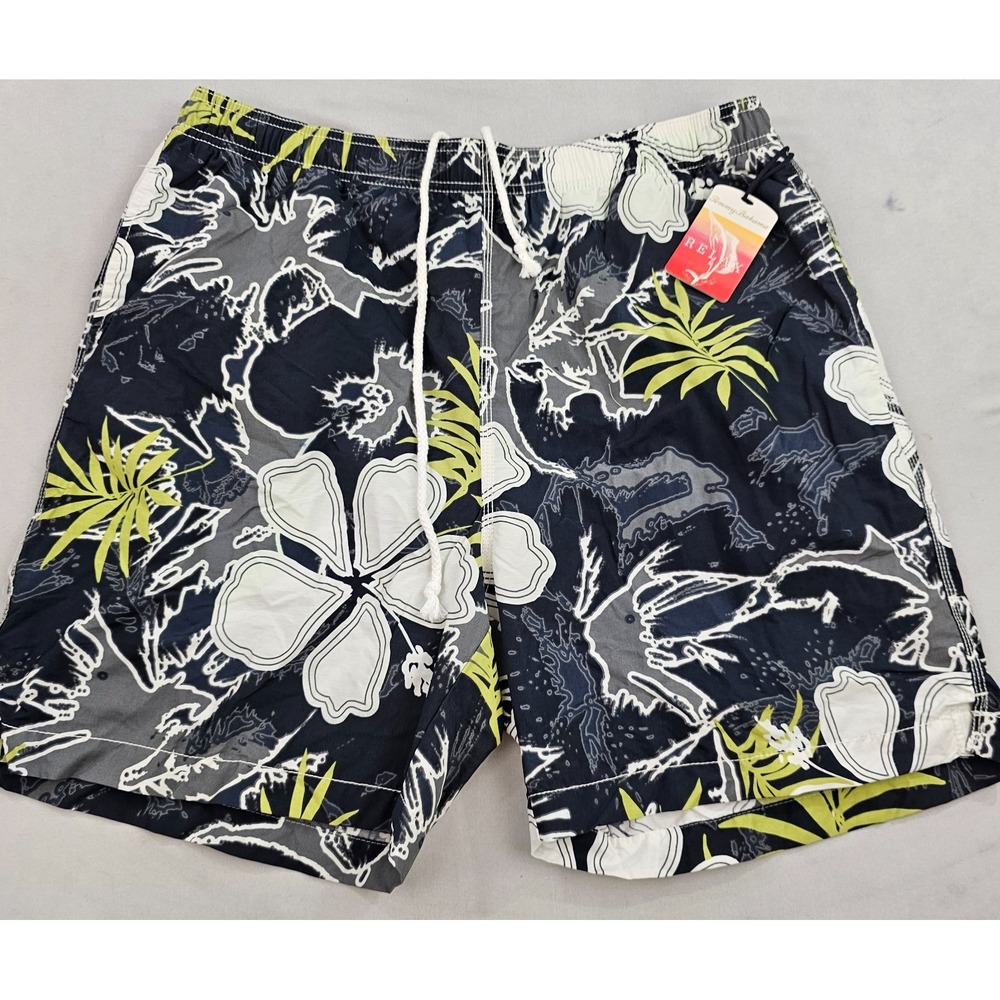 Tommy Bahama Relax trunks swimwear mens L Large pockets black white lime floral